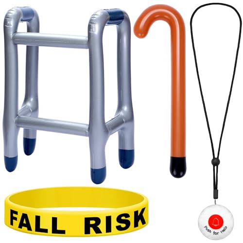 Soulchen 4 Pcs Inflatable Walker and Cane Fall Risk Bracelet Fake Alert Prop Funny Old Age Costume Accessories Retirement Party Decoration Gift for 40th 50th 60th Old People Birthday Party Halloween