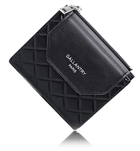 Gallantry - Portefeuille Femme Petit Format Matelassé Souple - Porte-Monnaie Carte Tout-en-Un Bi-pli - Similicuir Carreaux Fermeture Éclaire Magnétique - Chic Léger - Noir