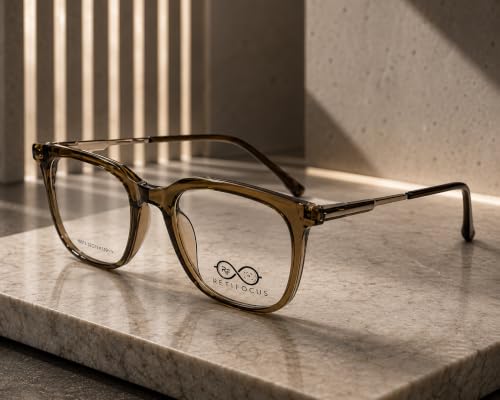 Image of Soft Square Optical Eyeglass Frame for Men & Women, Front with Metal Temples, Clear Demo Lenses, Lightweight Mixed Material Frame, Ribbed Temple Design for Prescription Lens Replacement