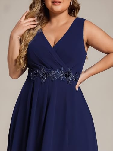 Image of Ever-Pretty Plus Women's V Neck Applique Chiffon Pleated Sleeveless Midi Plus Size Cocktail Party Dresses