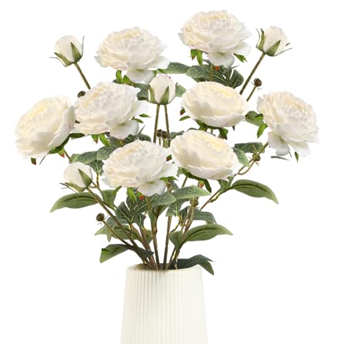 GrainBuds White Peonies Artificial Flowers,4 Pcs 27.5“ Faux Silk Peonies with Stems Real Look,Peony Bush Fake Flowers for Floral Arrangements Wedding Decorations for Home Decor (White) by GrainBuds - Used condition - US$16.79