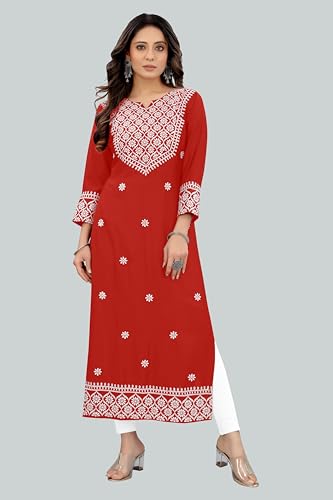 Image of Women's Rayon Embroidered Straight Kurti Under 499 Designer Attractive Look Women's Kurta