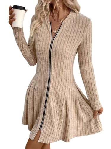 Onsoyours Damen Strickkleid Elegant Langarm V-Ausschnitt Herbstkleid Gerippter Minikleid A-Linie Swing Freizeitkleid Mit Reißverschluss Winterkleid...