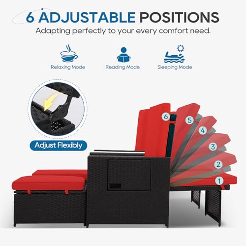 VUYUYU 5PCS Outdoor Wicker Chaise Lounge Chair - Rattan Adjustable Reclining Patio Lounge Chair with Ottoman and Coffee Table, for Patio Beach Pool Backyard (Black Wicker Red Cushion)