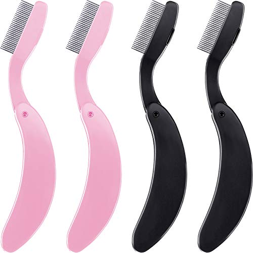 TecUnite 4 Packs Folding Eyelash Comb, Stainless Steel Teeth Eyebrow Comb Lash and Brow Makeup Brush (Black and pink)