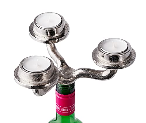 Kerzenhalter Bottle Flasche Weinflasche Aluminium Silber Teelichter - Kerzenständer Kerzenleuchter aus Metall - Deko Dekoration Tischdeko Modern - Für Wohnzimmer, Esszimmer und Küche - 19 cm
