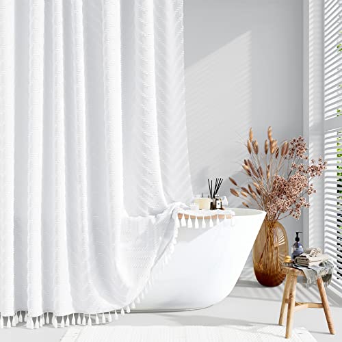 Image of Dynamene Boho Farmhouse Shower Curtain, White Fabric Tufted Chevron Striped Textured Tassel Shower Curtains for Bathroom, Water Repellent, Minimalist Ruffled Cloth Shower Curtain Set with Hook, 72x72