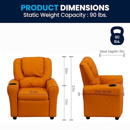Image of Flash Furniture Vana Vinyl Kids Recliner with Cup Holder, Headrest, and Safety Recline, Contemporary Reclining Chair for Kids, Supports up to 90 lbs., Orange