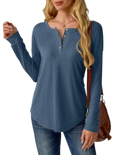 Womens Henley Tops Long Sleeve Shirts Button Pullover Loose Fit Henley Neck Lightweight Tunic Blouse4