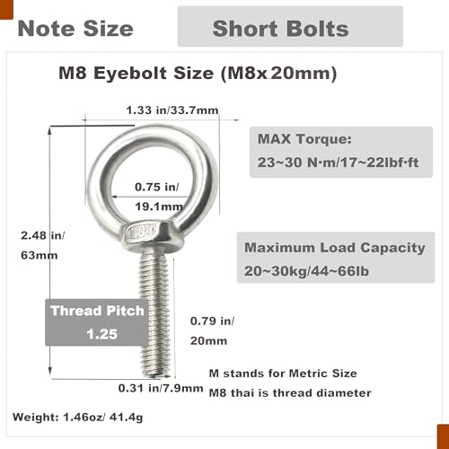 Image of Stainless M8 Eyebolt 0.79 inch(20mm) Short Bolt Eye Threaded Ring Lifting Shoulder Screw Hook with Nut Washer Locking as Anchor Point for Hanging,10 PCS