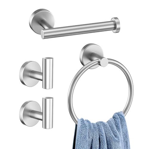Image of 4 - Piece Matte Black Bathroom Hardware Set – Stainless Steel Wall - Mounted Rustproof Towel Ring Toilet Paper Holder Robe Hooks