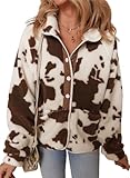 Dokotoo Winter Coats for Women 2024 Trendy Casual Long Sleeve Button Up Front Warm Fleece Jacket Women Cute Stand Neck Comfy Color Block Cow Printed Womens Sherpa Jackets with Pockets Brown S