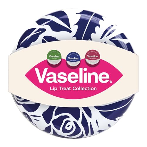 Vaseline Lip Treat Collection Gift Set with Aloe Rosy and Original Lip Therapy Balms in Decorative Tin Box for Dry Lips Care and Daily Moisture