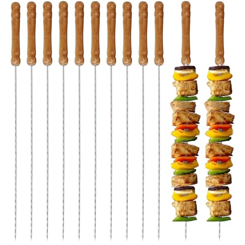Image of 12 Inch Stainless Steel Barbeque Skewers Set Rounded /Square BBQ Sticks with Wooden Handle Reusable Metal Kabab Grill Tool for Outdoor Tandoor Kebab Grilling (Pack of 12)