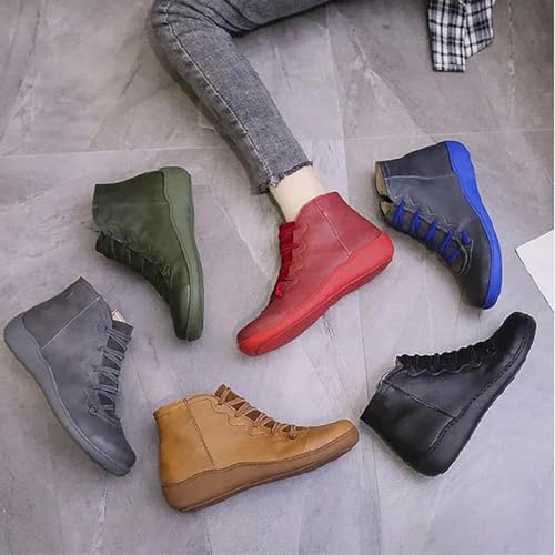 Women Ankle Boots No Heel Arch Support Vintage Lace Up Side Zipper Shoes Retro Comfortable Flat Booties for Outdoor2