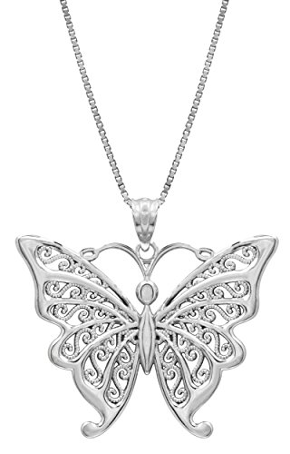 Honolulu Jewelry Company Sterling Silver Butterfly Necklace Pendant with Filigree Wings with 18