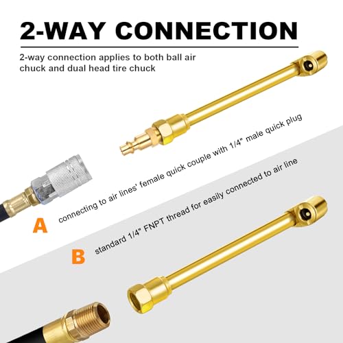 LUMITECO 5-Pack Dual Head Air Chuck Set, 1/4 Inch Female NPT Closed Ball Tire Chuck with 2 Standard Male Quick Plug, 2 Way Connection Tire Air Fill Kit for Tire Inflator Gauge and Air Compressor