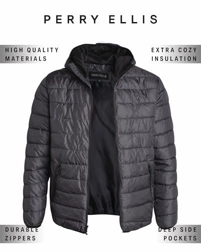 Image of Perry Ellis Mens Puffer Jacket - Quilted Packable Down Winter Jacket with Hood - Lightweight Winter Coat for Men