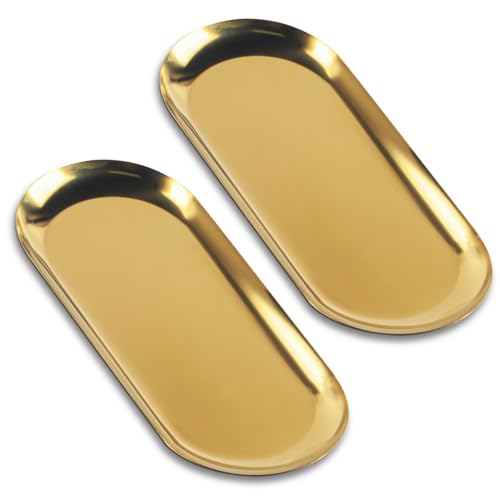 Vassoio da servizio oro, 2 pcs Vassoio decorativo dorato, Vassoio per gioielli ovale, Vassoietto portaoggeti in acciaio inox, Ciotola Vassoio per cosmetici, frutta, dessert, candele, 32x12 cm