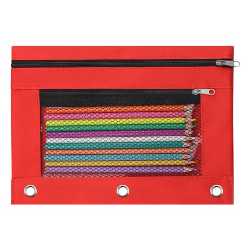 Image of Pencil Pouch for 3 Ring Binder, Pencil Case Bag with Zipper, 600D Fabric Pencil Pouch Holder Accessories, Clear Window Pencil Case Aesthetic Back to School Organizer Pockets for Boy Girl (Red)