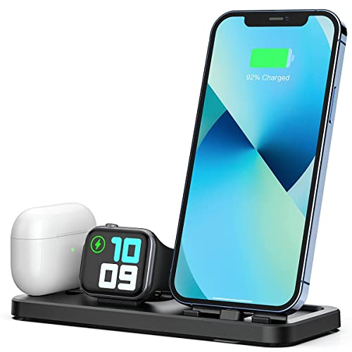 LERCIOR Portable 3 in 1 Charging Station for Apple Devices Foldable Charger Station for Apple Watch 7/6/SE/5/4/3/2/1 Charger Stand, Charging Station for iPhone AirPods Pro3/2/1 Charging Stand Black