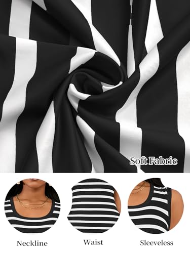 Image of Womens Bodycon Summer Square Neck Dress Basic Casual Midi Sundress Sleeveless Striped Beach Long Tank Dress(Black Large)