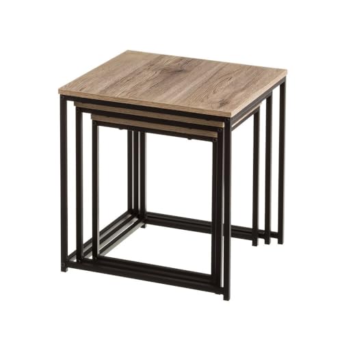 Miniatura 4 de Lolahome Set 3 Mesas De Centro Mesa Nido Pequeña Para Salón O Comedor Oficina Mesita Auxiliar Cuadrada Sofá Madera Y Metal Natural Y Negro