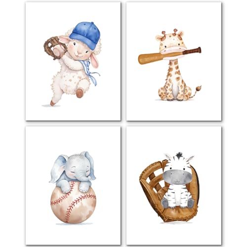 JINYO Baseball Animal Nursery Wall Art Prints Set of 4,