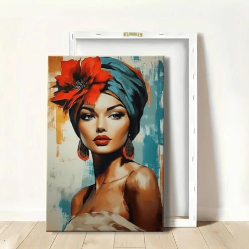 Peinture à l'huile classique femme et fleur rouge avec cadre premium