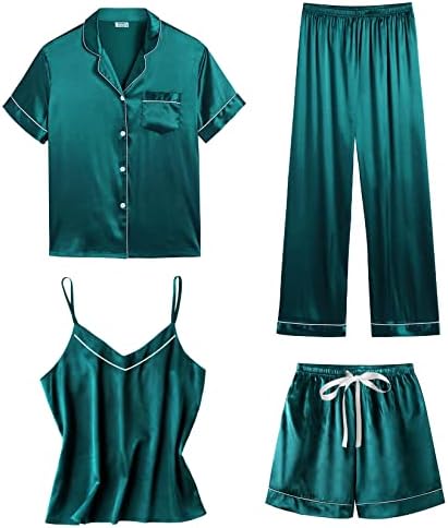SWOMOG Womens 4pcs Pajamas Sets Short Sleeve Camisole with Button...