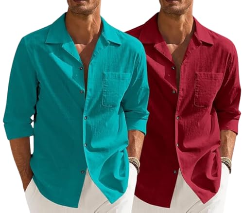 Image of Combo of Men's Casual Cotton Blend Shirt || Long Sleeve Button Down with Spread Collar | Lightweight Breathable Fabric | Stylish Solid Shirt for Beach, Office & Everyday Wear Pack of 2