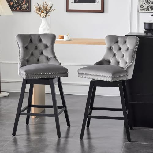 Image of Grey Swivel Bar Stools, Velvet Counter Height Bar Stools Set of 6 | 360 Swivel Bar Chairs, Solid Wood Legs, Upholstered Kitchen Island Stools, Modern Extra Wide Seat (Grey, 26 inch H, 6 Pack)