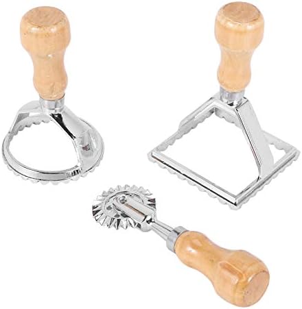 LIZZOT Ravioli Stamp Maker Cutter with Roller Wheel Set, Mold with Wooden Handle for Fluted Edge, Pasta Press Kitchen Attachment