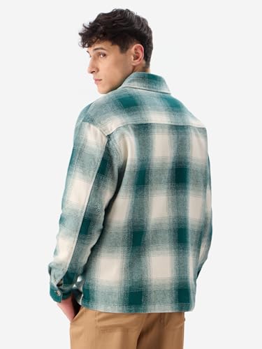 Image of The Souled Store Plaid: Light Emerald And White Men and Boys Long Sleeves Collared Neck Button Front Cotton Oversized Flannel Shackets