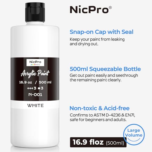 Image of Nicpro 3 Pack White Large Acrylic Paint (16.9 oz, 500 ml), Rich Pigments