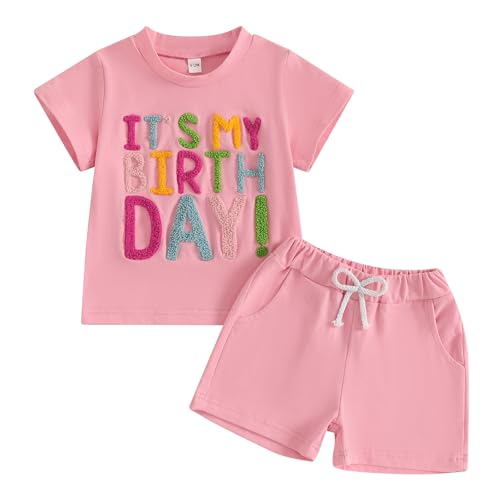 Kayotuas Toddler Baby Girl Birthday Outfit Birthday Girl Shirt and Elastic Shorts Set Cute Summer Clothes Smash Cake Outfits