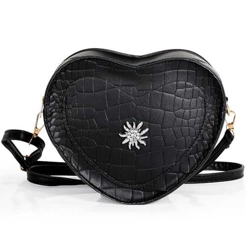 BOOMTOP Herztasche Oktoberfest Trachtentasche Herz Dirndl Handtaschen mit Edelweiß PU Leder Trachten Kostüm Accessoires Kunstleder Schultertasche Kleine Umhängetasche in Herzform Schwarz
