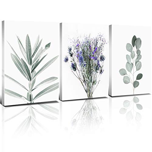 Eucalyptus Leaf Canvas Wall Art - Tropical Plant Leaves Lavender Flower Walls Decor Prints Picture Painting, Minimalist Botanical for Bedroom Living Room Home Decoration Set of 3 Framed (12x16 Inch)