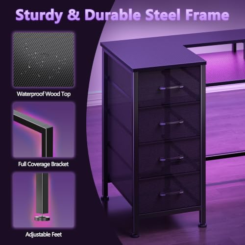 Image of Korfile 47 Inch Computer Gaming Desk with Power Outlets & LED Lights Reversible Home Office Desk with Adjustable 5 Fabric Storage Drawers for Working Writing Study, Carbon Fiber Black