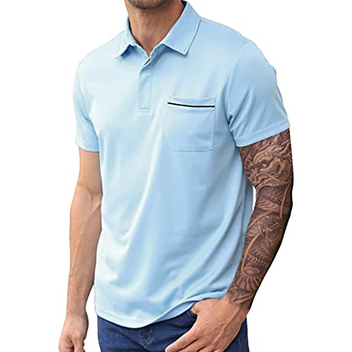 T Shirts for Men UK Designer Short Sleeve Polo Shirts Regular Fit Performance Tees Casual Gym Golf Tennis Tops with Pocket, Light Blue, M