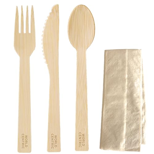 World Centric Disposable Bamboo Cutlery Set - Fork, Knife, Spoon, and Napkin - Case of 250 - FSC® Certified Bamboo - 100% Bio-Based - AS-BB-TN