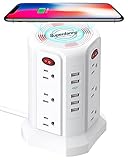 Power Strip Tower Wireless Charger with Surge Protector,12 AC Outlets & 5 USB Ports, 6ft Heavy Duty Extension Cord ,15A,Desktop Charging Station for Home,Office,Dorm,Travel,White