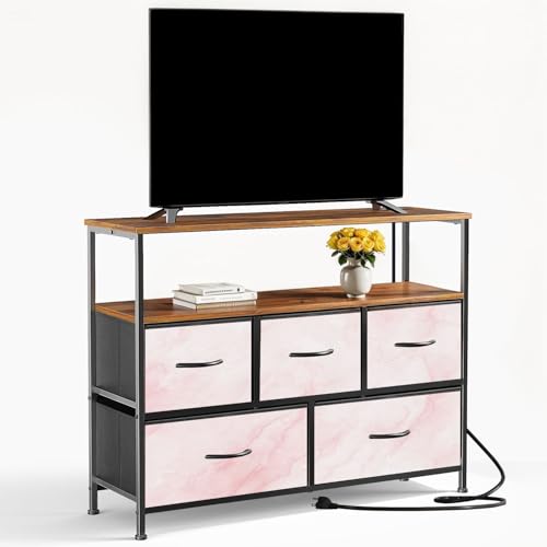 VETEB TV Stand with 5 Fabric Drawers Blush Pink Watercolor