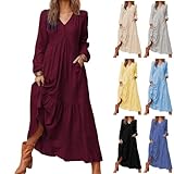 DCTIWES Women's Linen Maxi Dress Long Sleeve with Pockets Casual V-Neck Tiered Ruffle Dress Boho Beach Pleated Long Dress