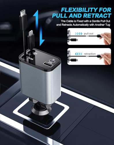Mifanstech Retractable Car Charger, 4 in 1 Fast Car Phone Charger, Car Charger Adapter with 2 Retractable Cords 2.6ft & 2 USB Ports, Compatible with iPhone 15/14/13/12/11 Series, Galaxy, Pixel