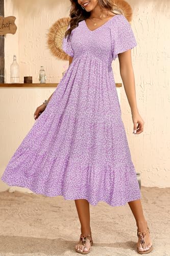 Image of Pinup Fashion Maternity Summer Dress Baby Shower Easter Pregnancy A-Line | Smocked V-neck, flutter sleeves, breathable floral fabric, bump friendly, perfect for photoshoot, spring casual,postpartum