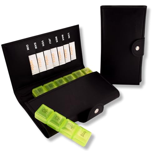 MEDIPILL - Pilulier Semainier Français | Organisation Hebdomadaire des Médicaments | 28 Compartiments | 7 Jours, 4 Prise par Jour | Sacoche | Pilulier cardio | Vet pomme | MED-S28P-XL-VP