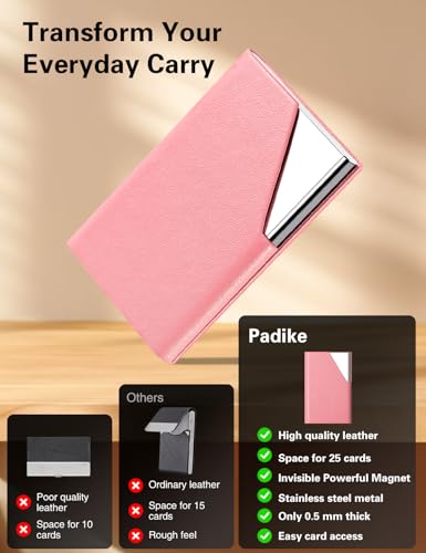 Image of Padike Business Card Holder, PU Leather & Stainless Steel Multi Card Case for Men & Women, Name Card Holder, Credit Card Wallet, ID Case /Holder with Magnetic Closure (Pink)