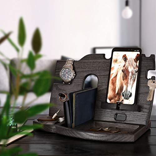 Wood Cell Phone Stand Smartwatch Wallet Holder. Man Cave Decor Multiple Gadget Dock Mobile Accessory Organizer. Nightstand Charging Docking Station Dad Wooden Desk Storage. Bed Side Dresser Valet Tray