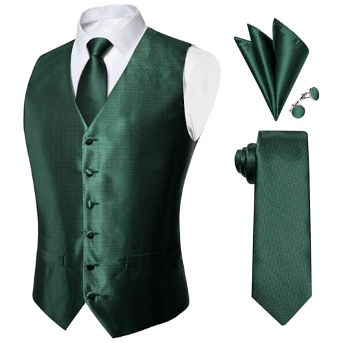DiBanGu Green Solid Color Suit Vest for Men Silk Jacquard Waistcoat and Necktie Pocket Square Cufflinks Set Fashion